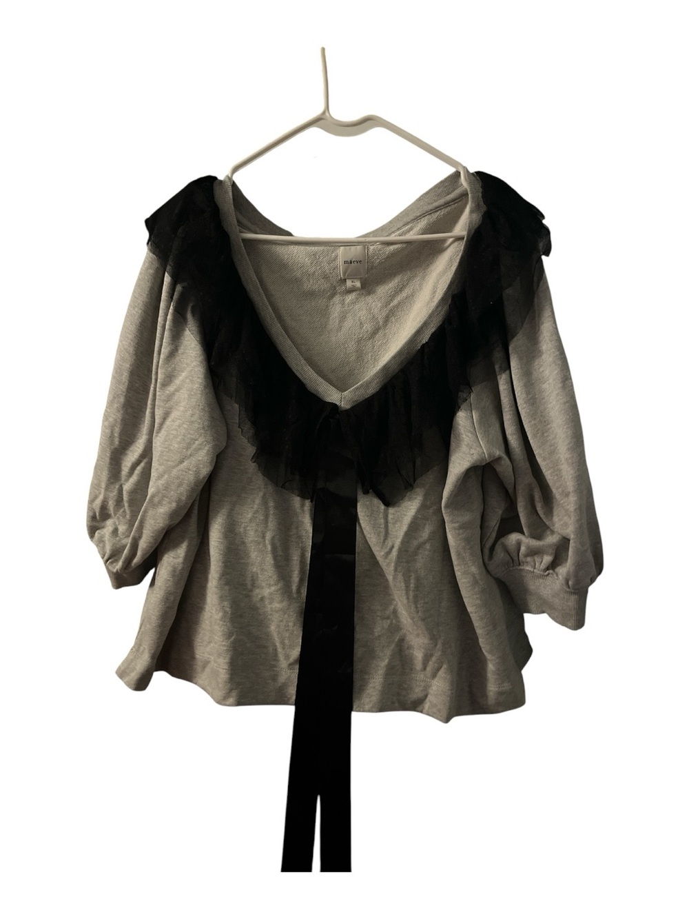 Maeve Gray Pullover with Black Tulle Ruffle and Ribbon